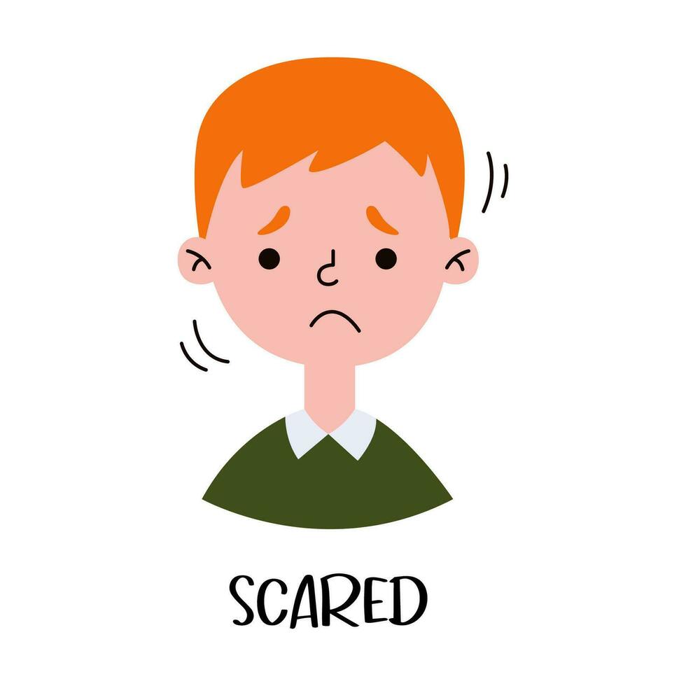 weinig jongen op zoek bang. jong kind wezen doodsbang gevoel nerveus en bang. vector tekenfilm illustratie.