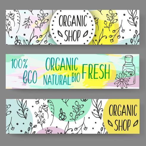 Banners met cosmetische flessen. Organische schoonheidsmiddelenillustratie. vector