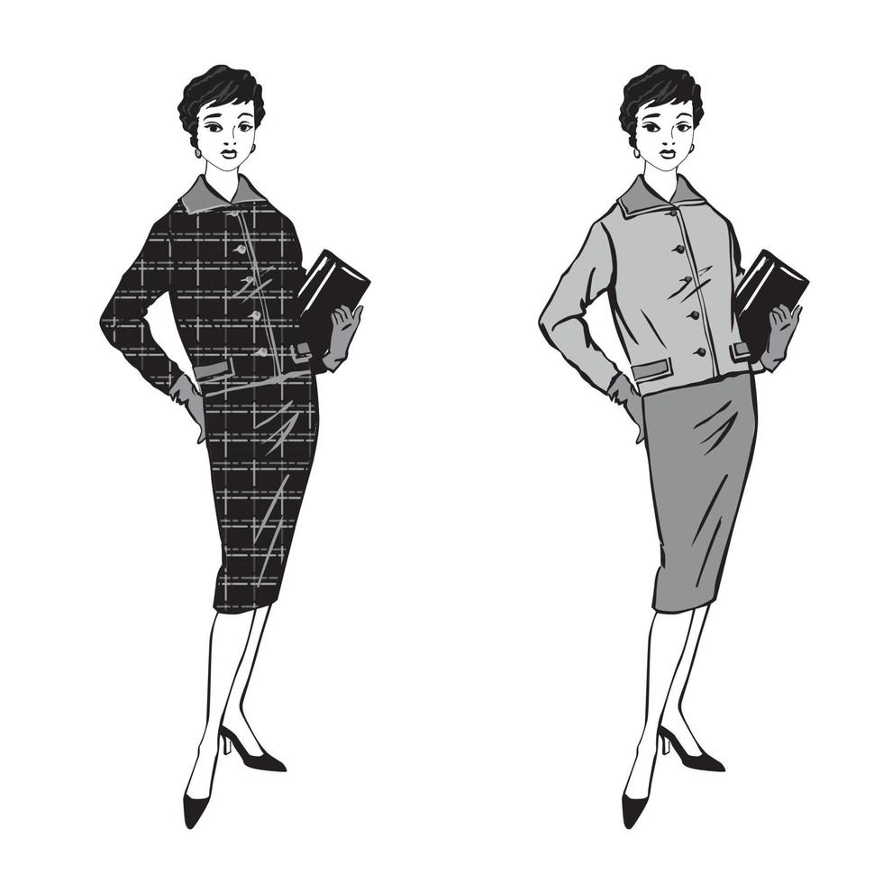 stijlvolle stoffen vrouw. mode zakelijke stijlenset retro jurk uit de jaren 60 vector