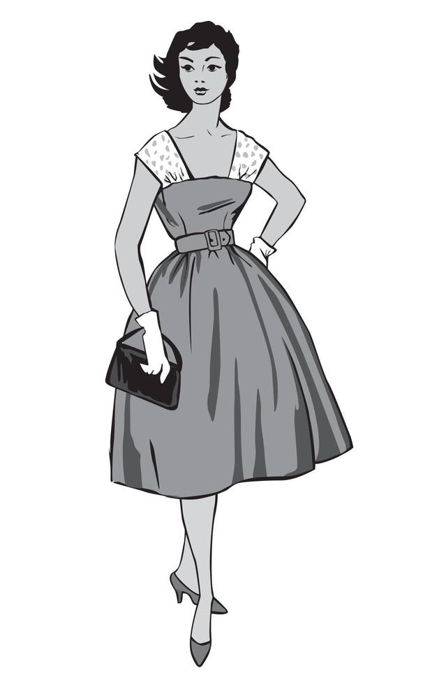 stijlvolle doek vrouw mode meisje 1960 stijl vintage zomerjurk vector