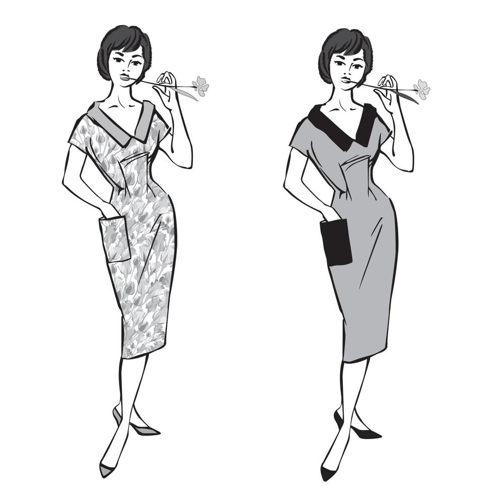 stijlvolle doek vrouw mode meisje 1960 stijl vintage zomerjurk vector