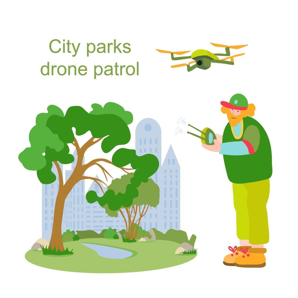 ranger met drone houdt orde in het stadspark vector