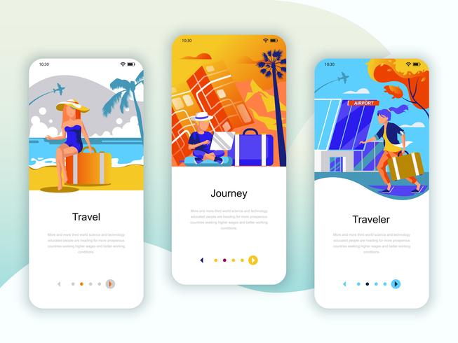 Set onboarding-schermen gebruikersinterfacekit voor reizen, reis vector