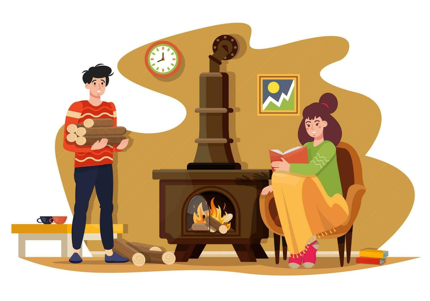 Mens en vrouw opwarming hun huis door brandend houten logboeken in modern fornuis. verkoudheid winter avond. brander. mensen vervelend warm kleren bevriezing Bij huis in winter. verwarming in de kamer. vlak vector .