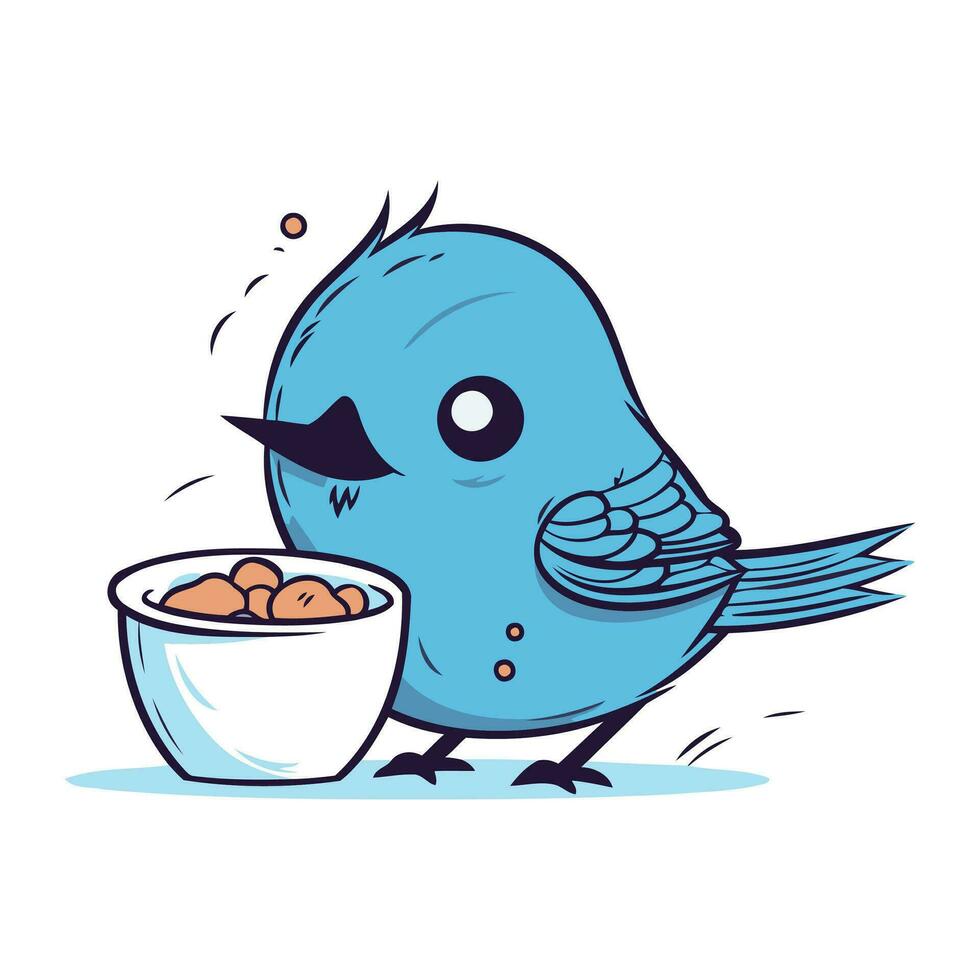 schattig blauw vogel met een kom van voedsel. vector illustratie.