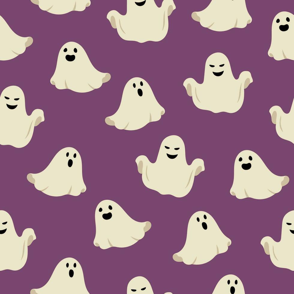 naadloos patroon met schattig geesten. tekenfilm tekens Aan Purper achtergrond voor halloween ontwerp. vector illustratie