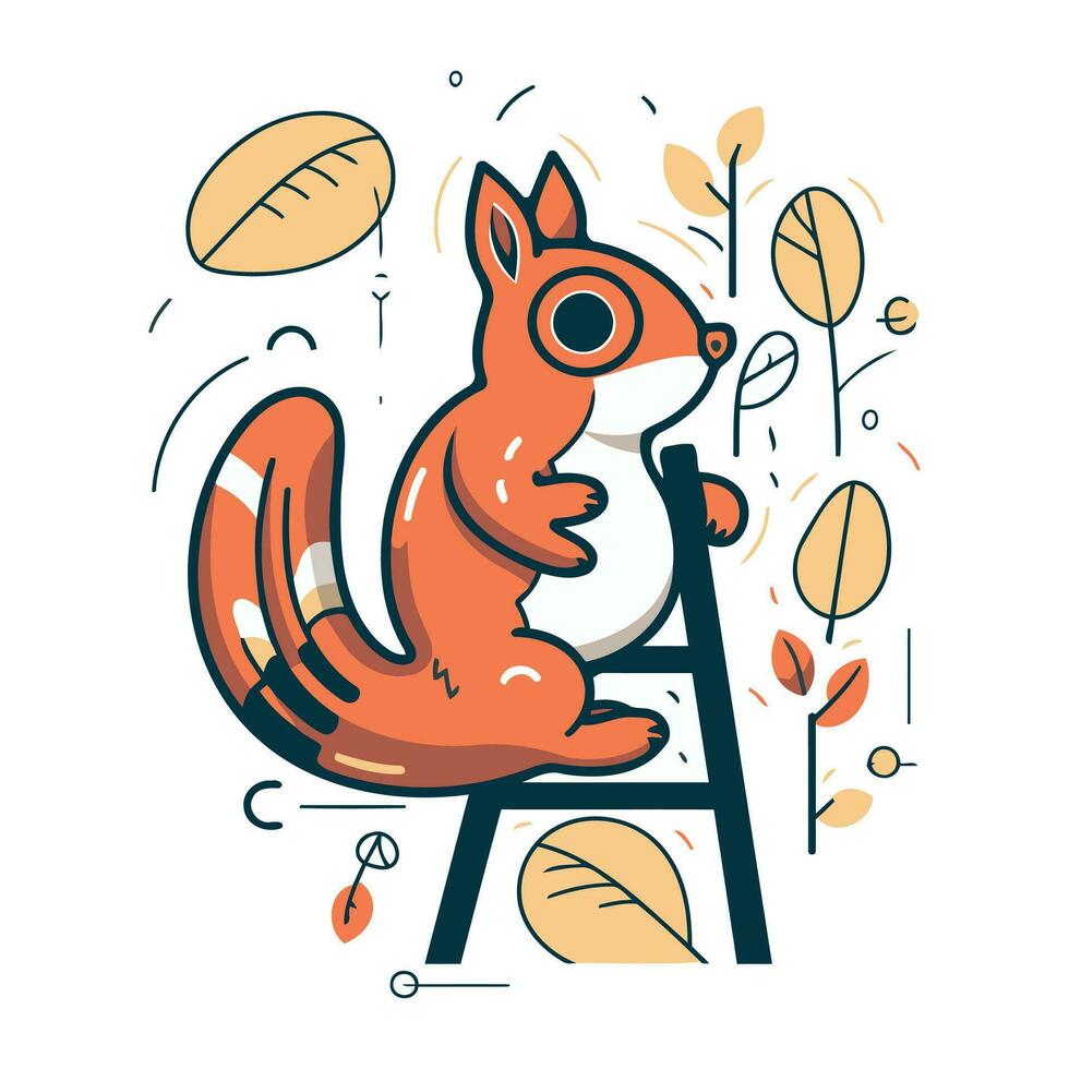 vector illustratie van schattig eekhoorn zittend Aan een ladder in de herfst Woud.