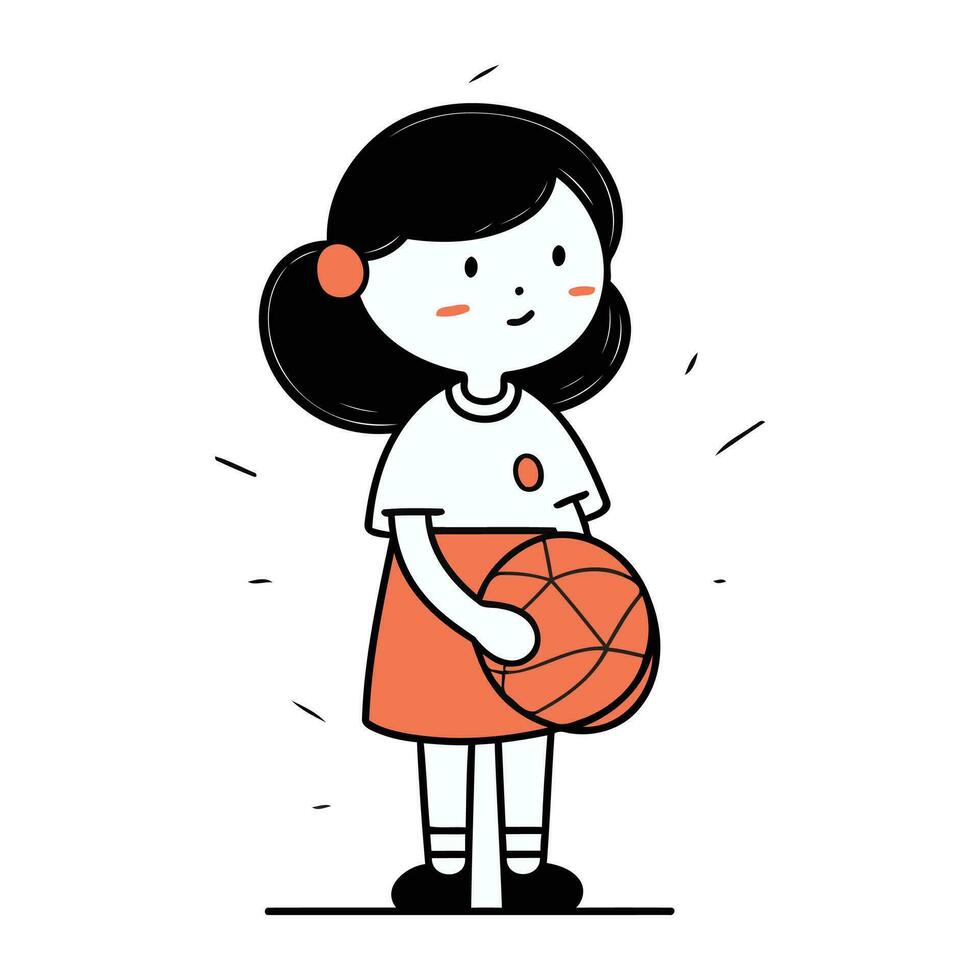 weinig meisje spelen basketbal. schattig tekenfilm karakter. vector illustratie.