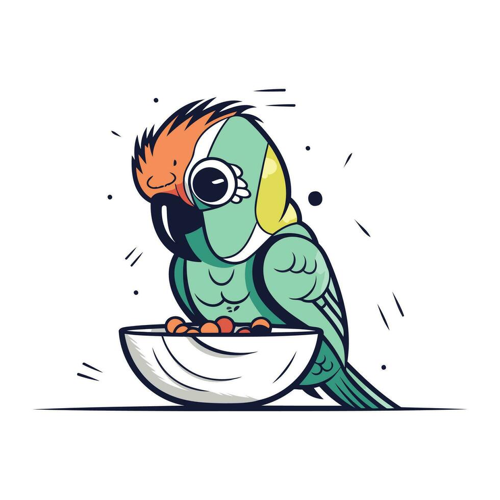 schattig tekenfilm papegaai aan het eten van een schaal. vector illustratie.