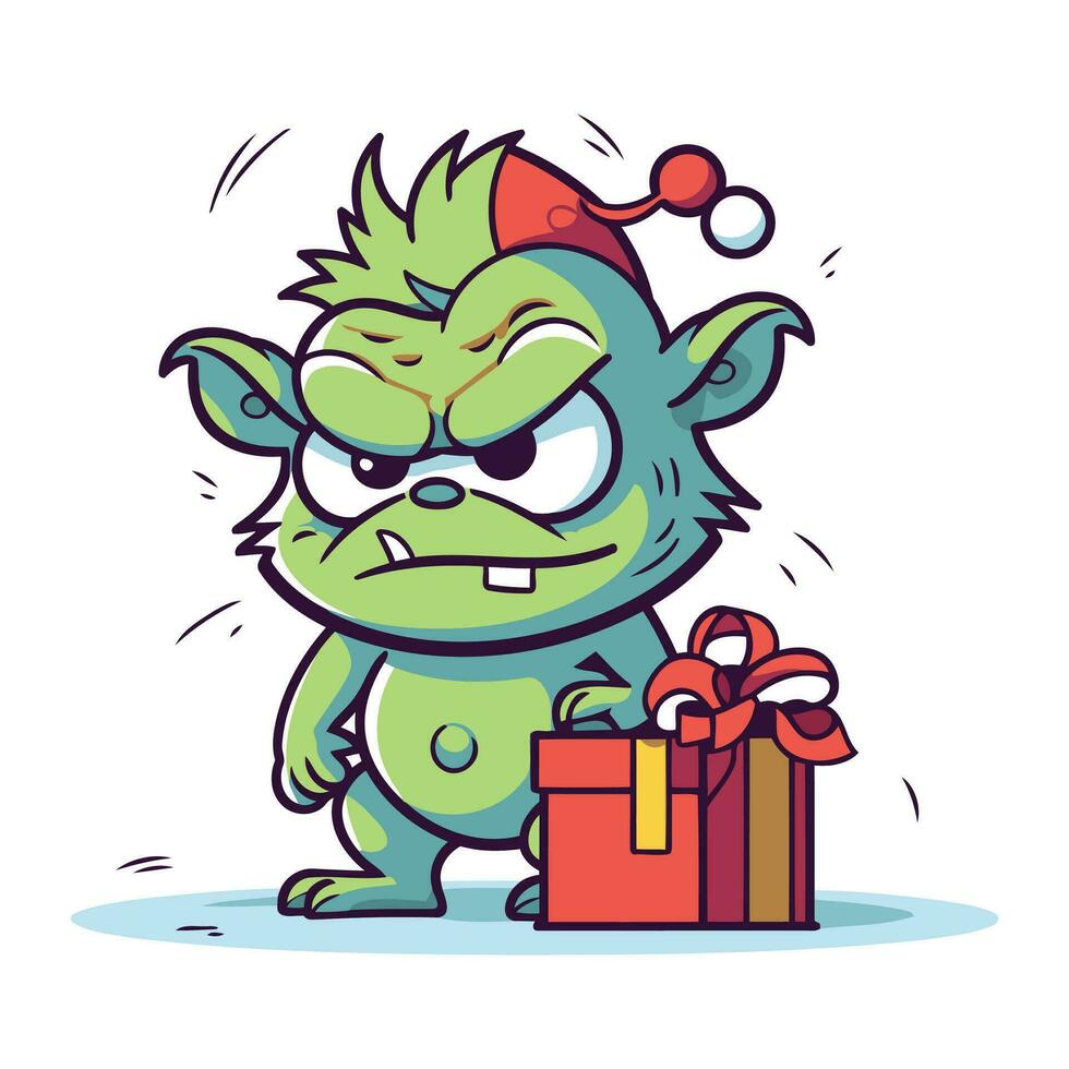 grappig monster met Kerstmis geschenk. vector illustratie. tekenfilm karakter.