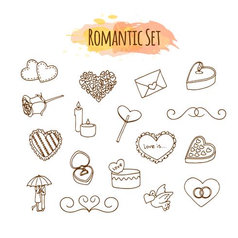 Romantische illustraties. Hand getrokken bruiloft set. Doodle stijlelementen voor de dag van de gelukkige Valentijnskaart. vector