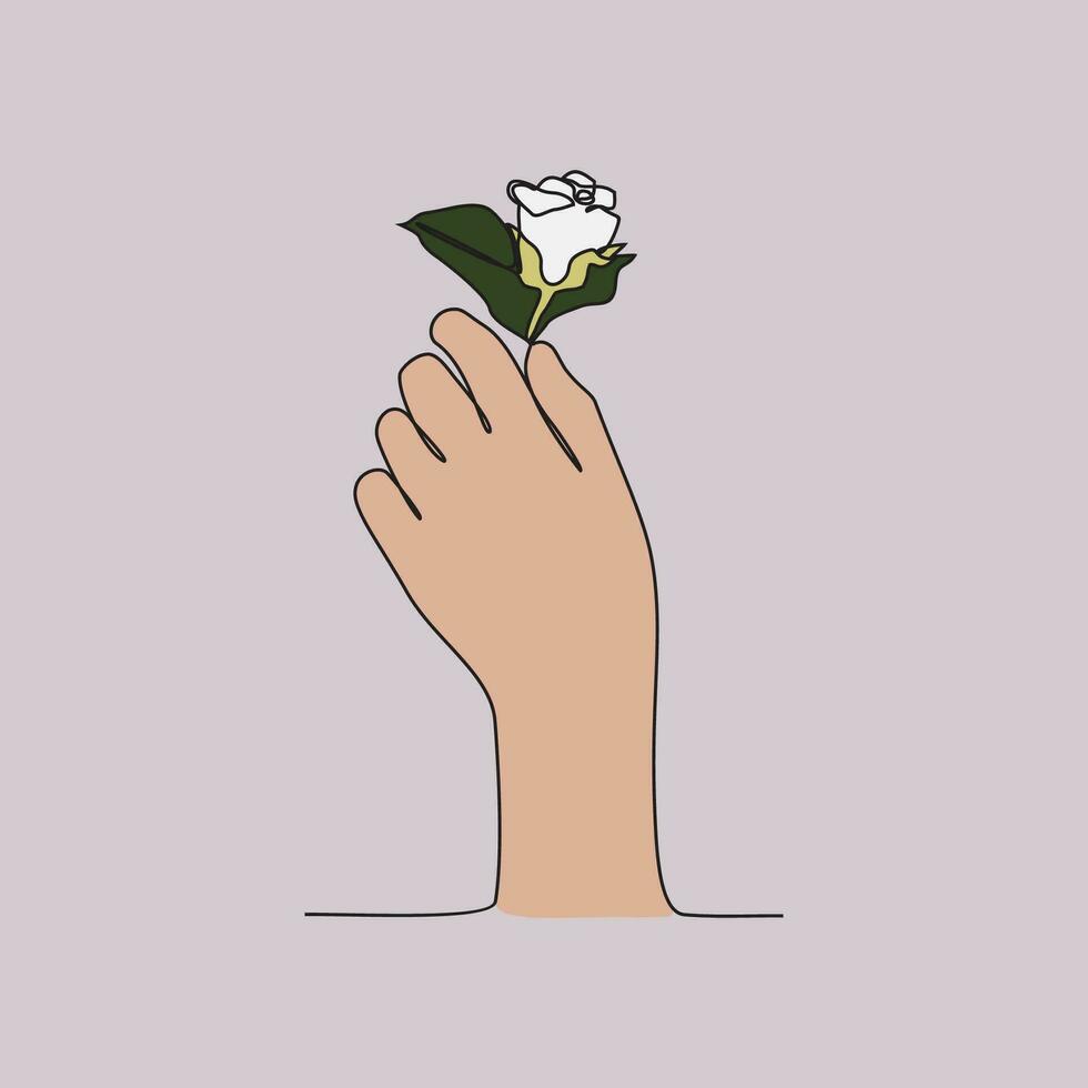 een doorlopend lijn tekening van een hand- is Holding een mooi bloem. een roos in gemakkelijk lineair stijl vector illustratie. ontwerp met minimalistische zwart lineair ontwerp geïsoleerd concpet fabriek vector.