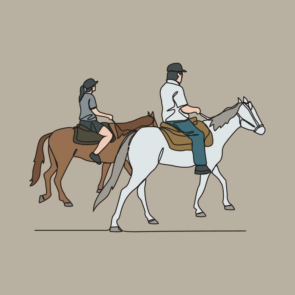 een doorlopend lijn tekening van mensen rijden de paard. een jockey is iemand wie ritten een paard in een ras. rijden de paard in gemakkelijk lineair stijl vector illustratie. geschikt ontwerp voor uw Bedrijfsmiddel.