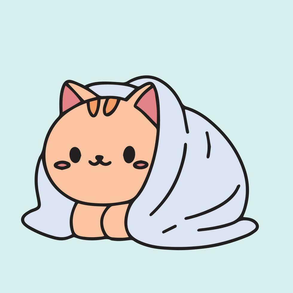 schattig weinig kat onder deken. knus pot verpakt in geblindeerd gekleurde schets. hand- trek vector illustratie.