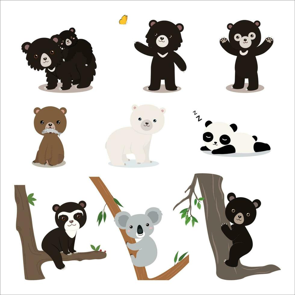 reeks van bears in verschillend poses gekleurde vlak vector illustratie geïsoleerd