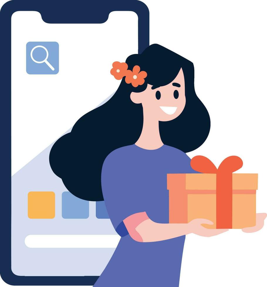 hand- getrokken vrouw karakter Holding een geschenk met smartphone in online boodschappen doen concept in vlak stijl vector