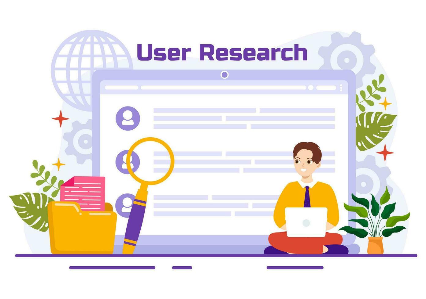 gebruiker Onderzoek vector illustratie van mensen zoeken en verkennen in netwerken naar ontwerp projecteren, online enquête en analytics in vlak achtergrond