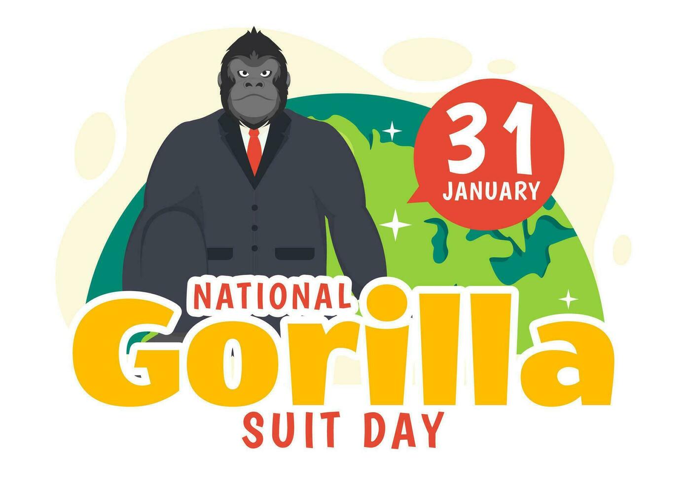 nationaal gorilla pak dag vector illustratie Aan 31 januari met heeft de hoofd van een gorilla's is gekleed netjes in een pakken en wereld kaart in achtergrond