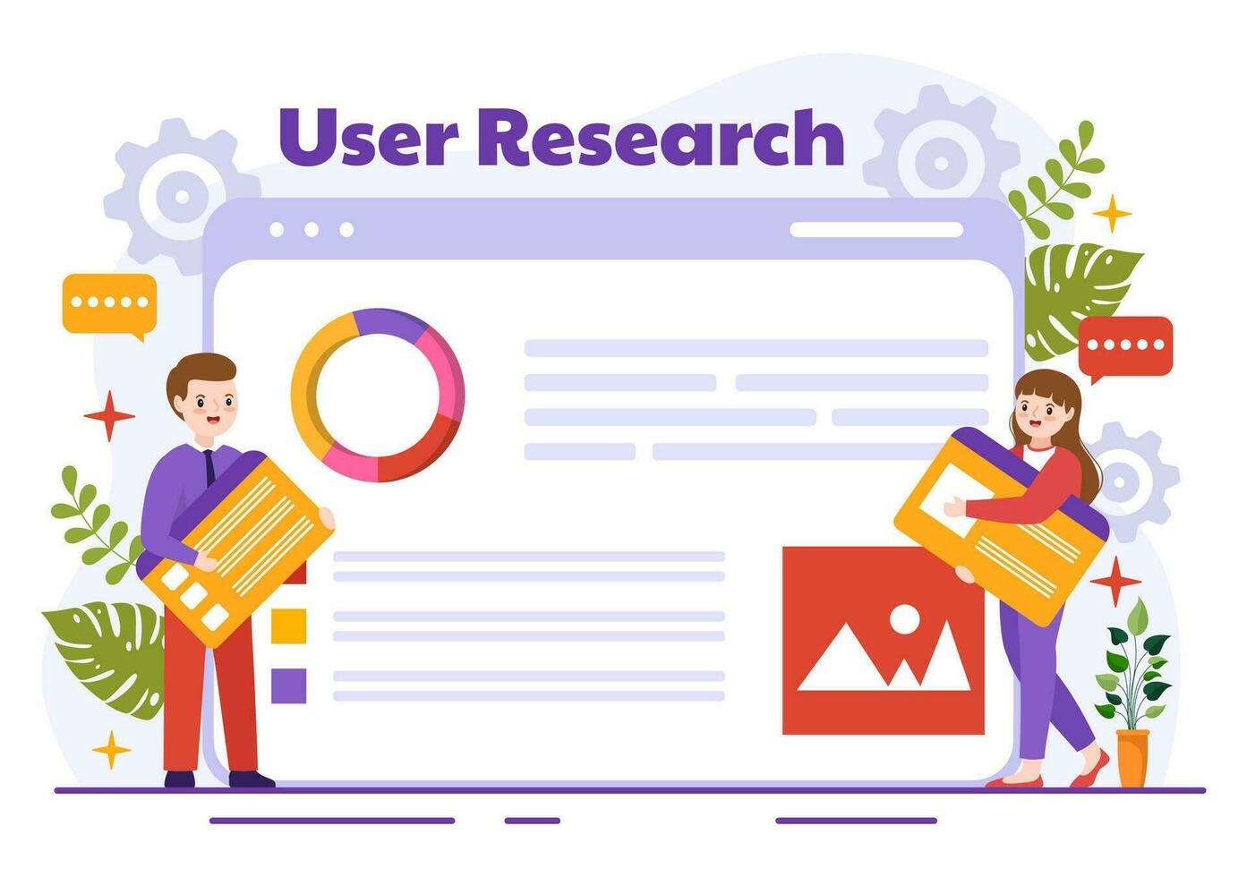 gebruiker Onderzoek vector illustratie van mensen zoeken en verkennen in netwerken naar ontwerp projecteren, online enquête en analytics in vlak achtergrond