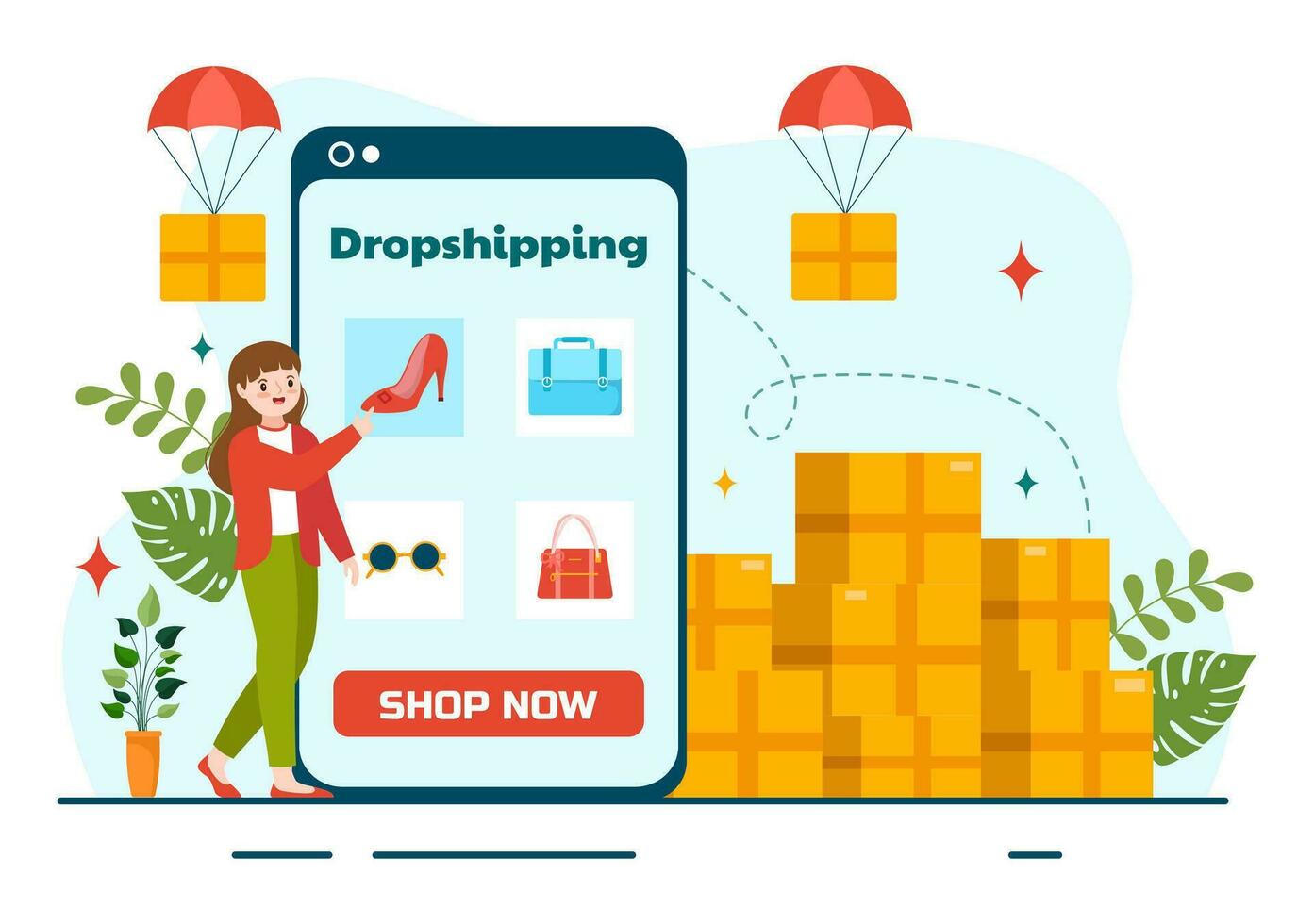 dropshipping bedrijf vector illustratie met zakenman Open e-commerce website op te slaan en laat leverancier schip Product in vlak tekenfilm achtergrond