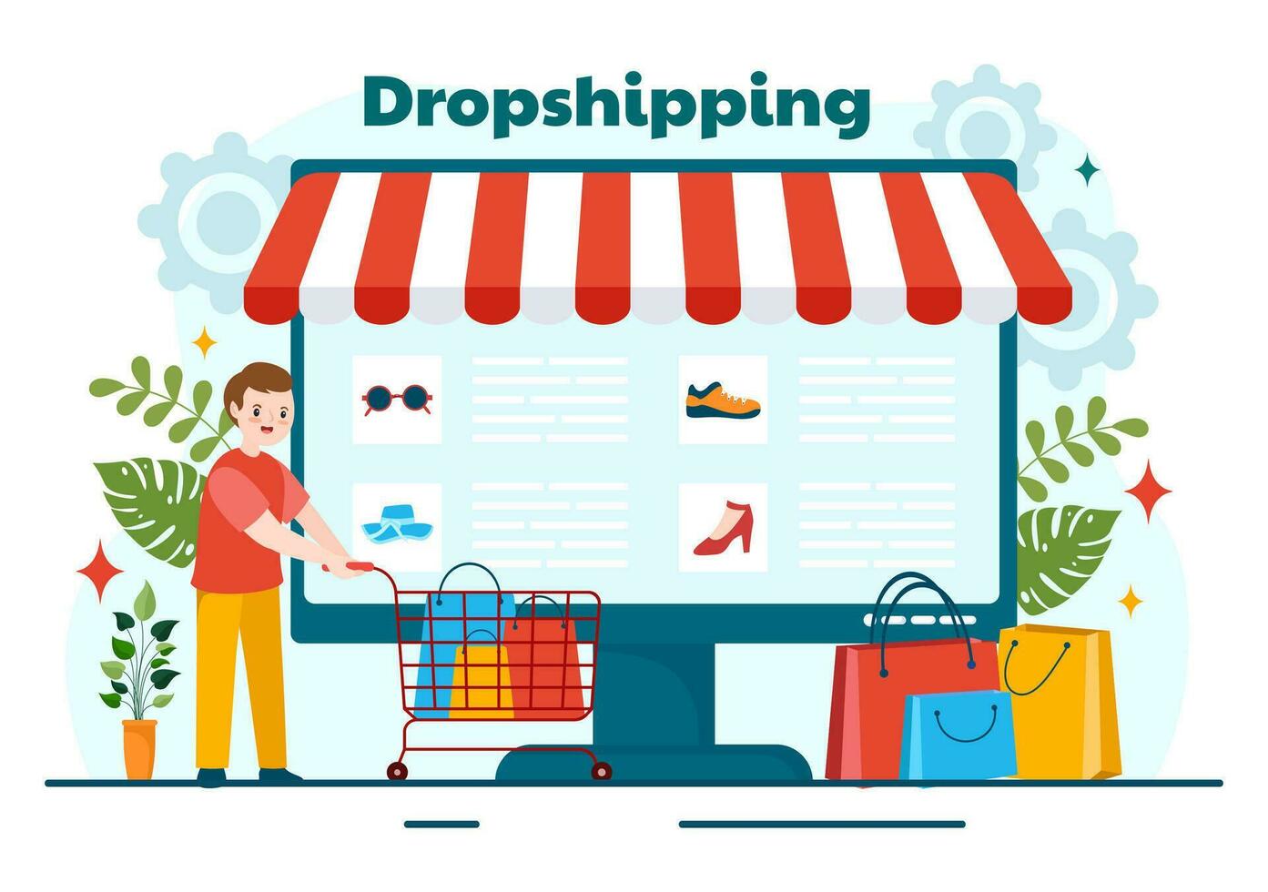 dropshipping bedrijf vector illustratie met zakenman Open e-commerce website op te slaan en laat leverancier schip Product in vlak tekenfilm achtergrond