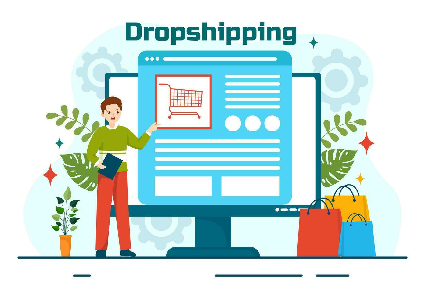 dropshipping bedrijf vector illustratie met zakenman Open e-commerce website op te slaan en laat leverancier schip Product in vlak tekenfilm achtergrond