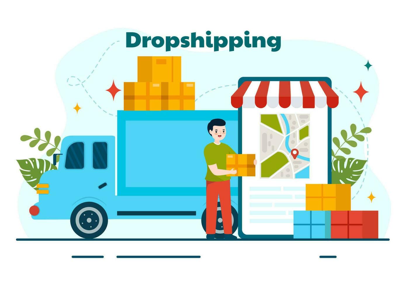 dropshipping bedrijf vector illustratie met zakenman Open e-commerce website op te slaan en laat leverancier schip Product in vlak tekenfilm achtergrond