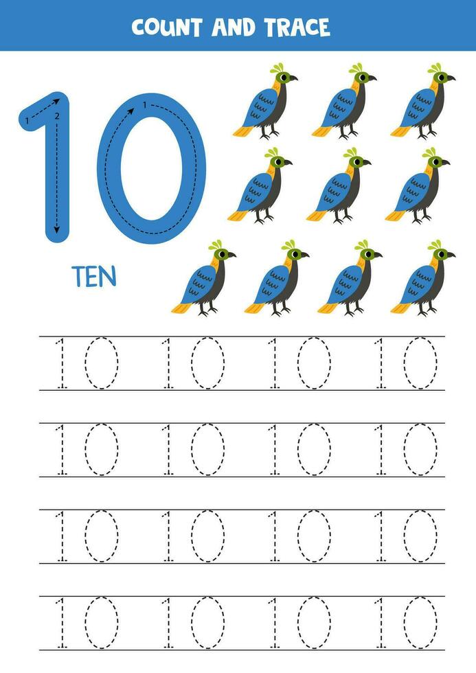 spoor nummers. aantal 10 tien. schattig tekenfilm monaal vogel. vector