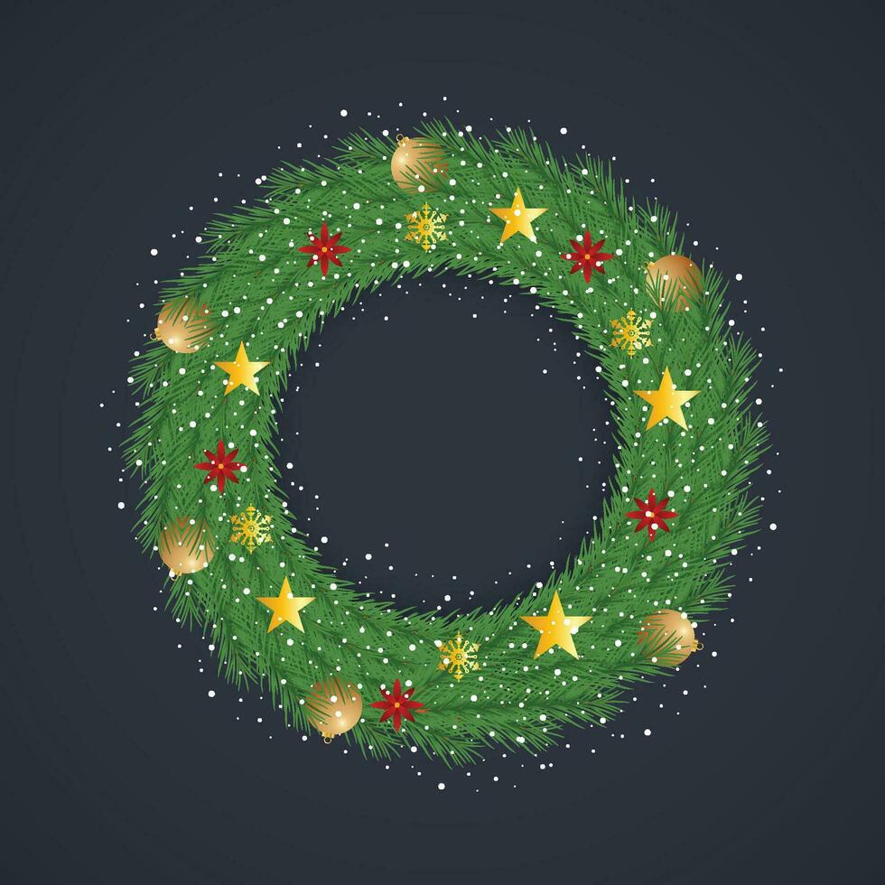 realistisch Kerstmis groen krans met gouden ballen en sneeuw met sneeuwvlok en licht met gouden sterren en rood bloemen. vector