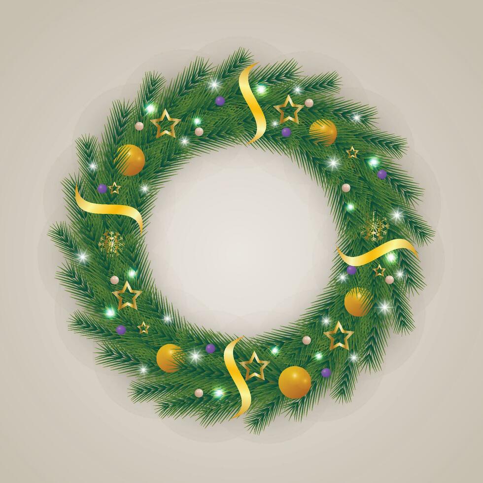 realistisch Kerstmis groen krans met gouden en blauw wit ballen en sneeuwvlokken en lichten met gouden sterren en lintje. vector