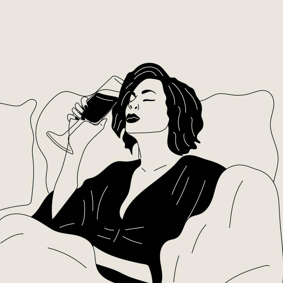 zwart en wit vrouw drankjes een glas van Champagne in bed. vector. wijn tijd vector