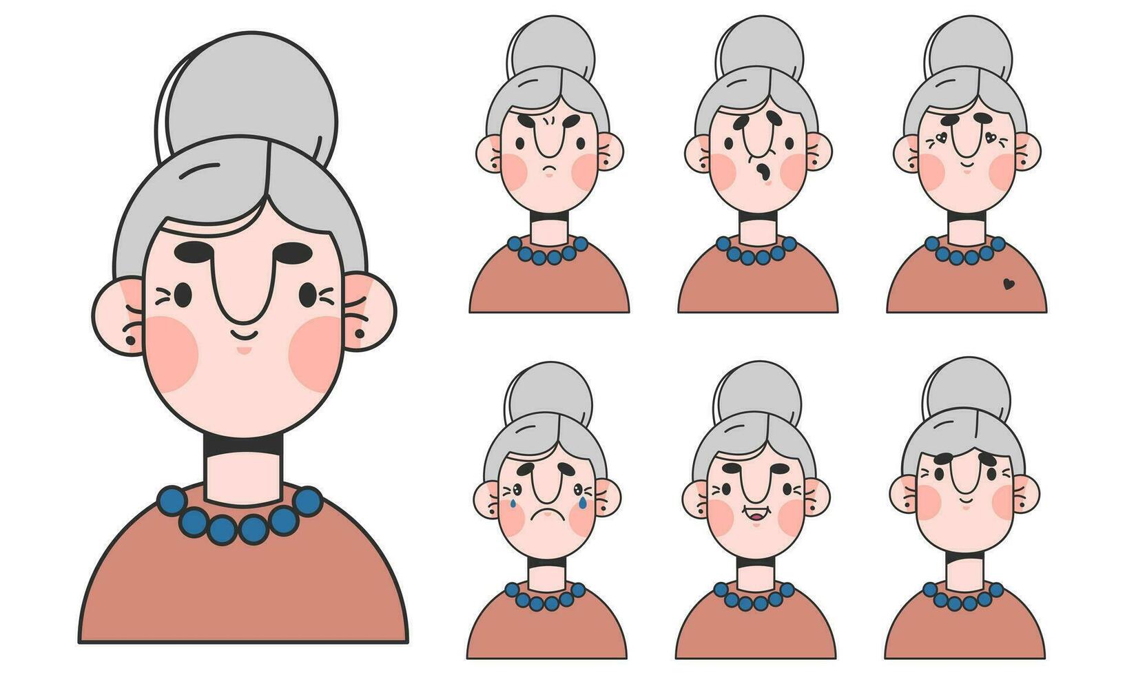 schattig ouderen vrouw tekenfilm karakter voor animatie emoties. grijs haren vrouw gezicht bouw. avatar met verschillend uitdrukkingen. tekenfilm vrouw personage, vector illustratie