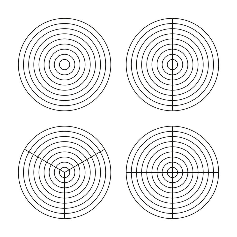 wiel van leven sjabloon. gemakkelijk coaching gereedschap voor visualiseren allemaal gebieden van leven. polair rooster met segmenten en concentrisch cirkels. blanco polair diagram papier. cirkel diagram van leven stijl evenwicht. vector. vector