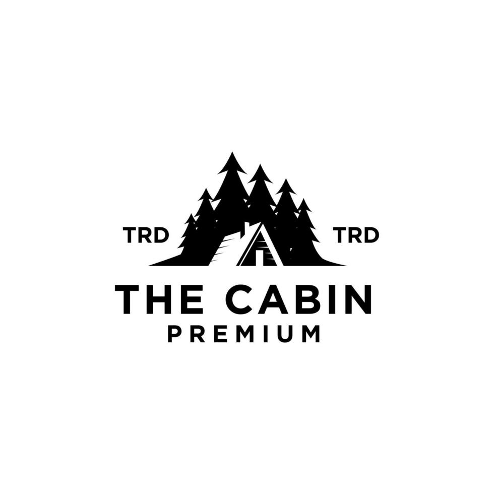 premium houten hut en dennenbos retro vector zwart logo-ontwerp