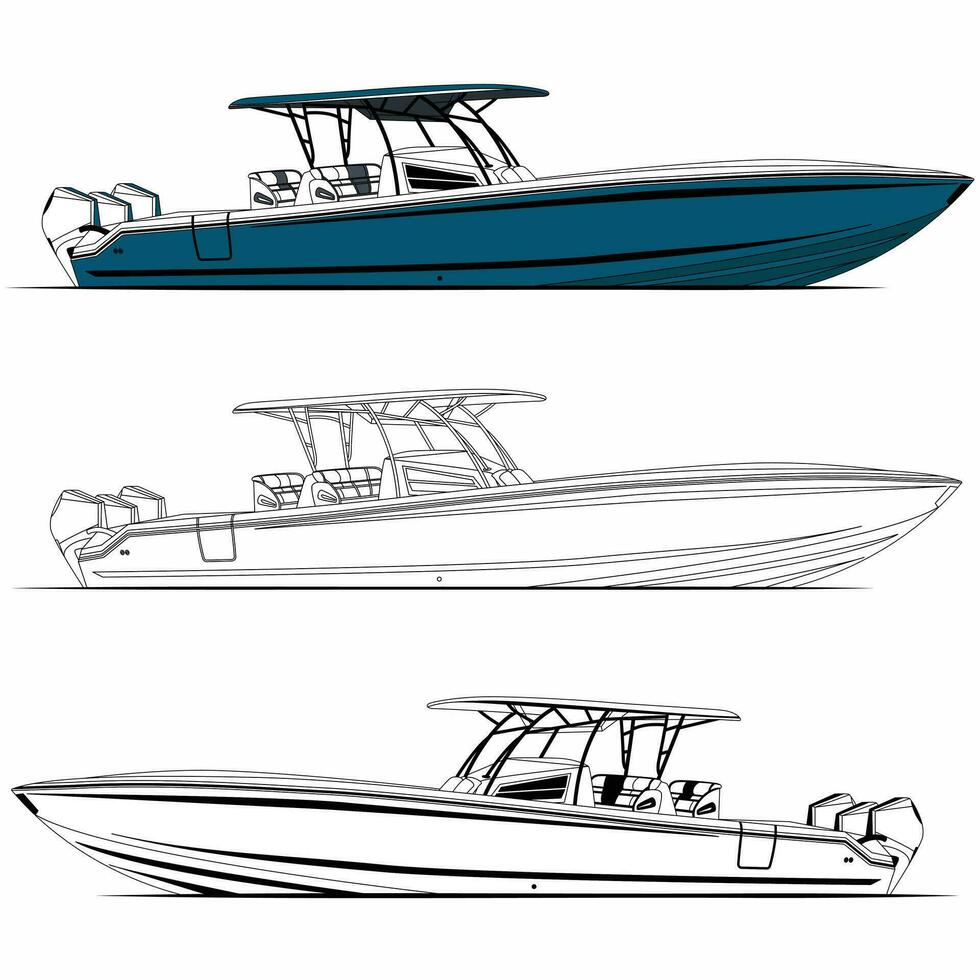 visvangst boot vector, motorboot vector, lijn kunst en een kleur vector
