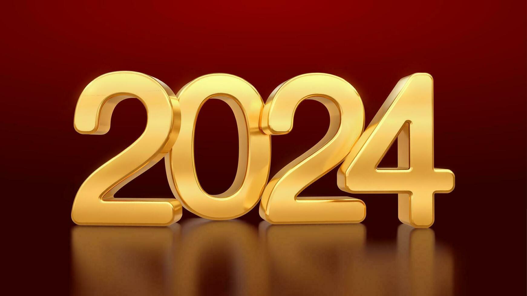 gelukkig nieuw jaar 2024. gouden 3d getallen 2024 Aan rood achtergrond. realistisch feestelijk metalen luxe goud nummers. vrolijk Kerstmis en gelukkig nieuw jaar groet kaart. vector illustratie.