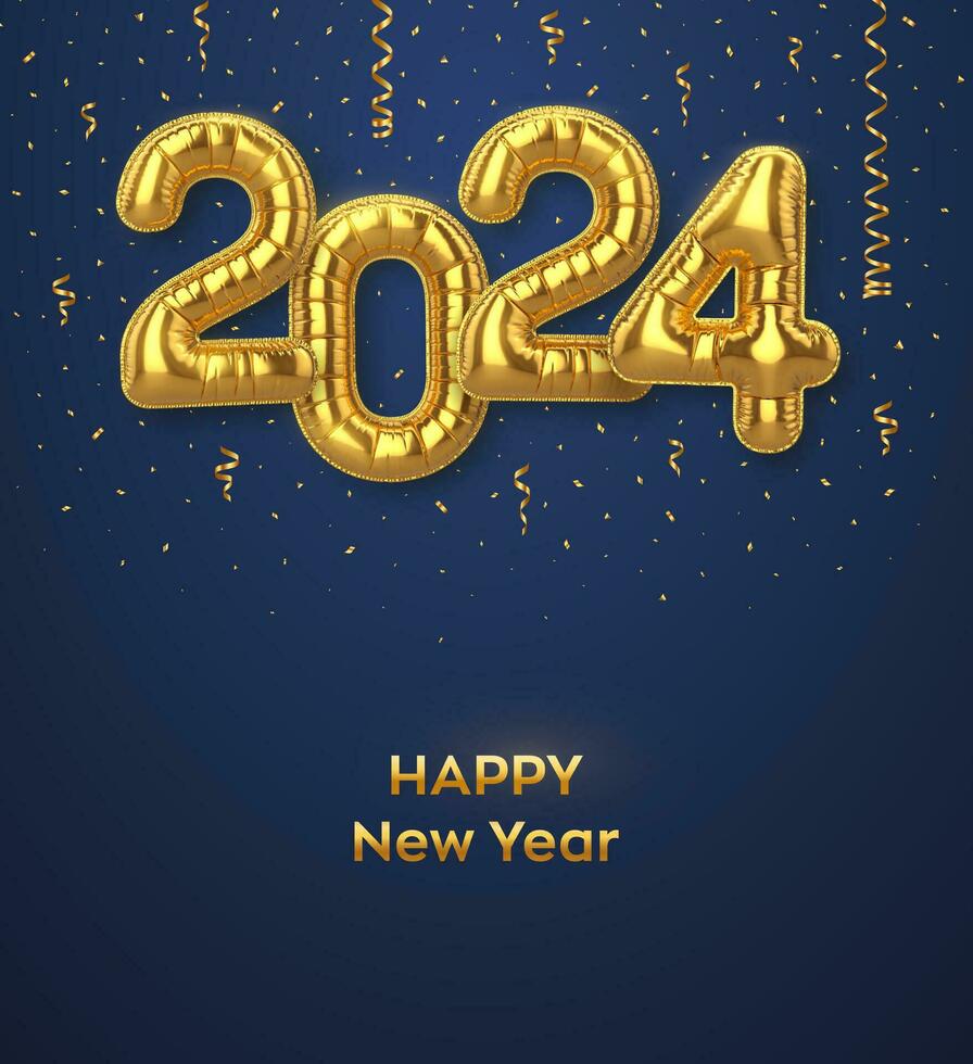 gelukkig nieuw 2024 jaar. gouden folie ballon getallen Aan blauw achtergrond. hoog gedetailleerd 3d realistisch goud folie helium ballonnen. vrolijk Kerstmis en gelukkig nieuw jaar 2024 groet kaart. vector illustratie.