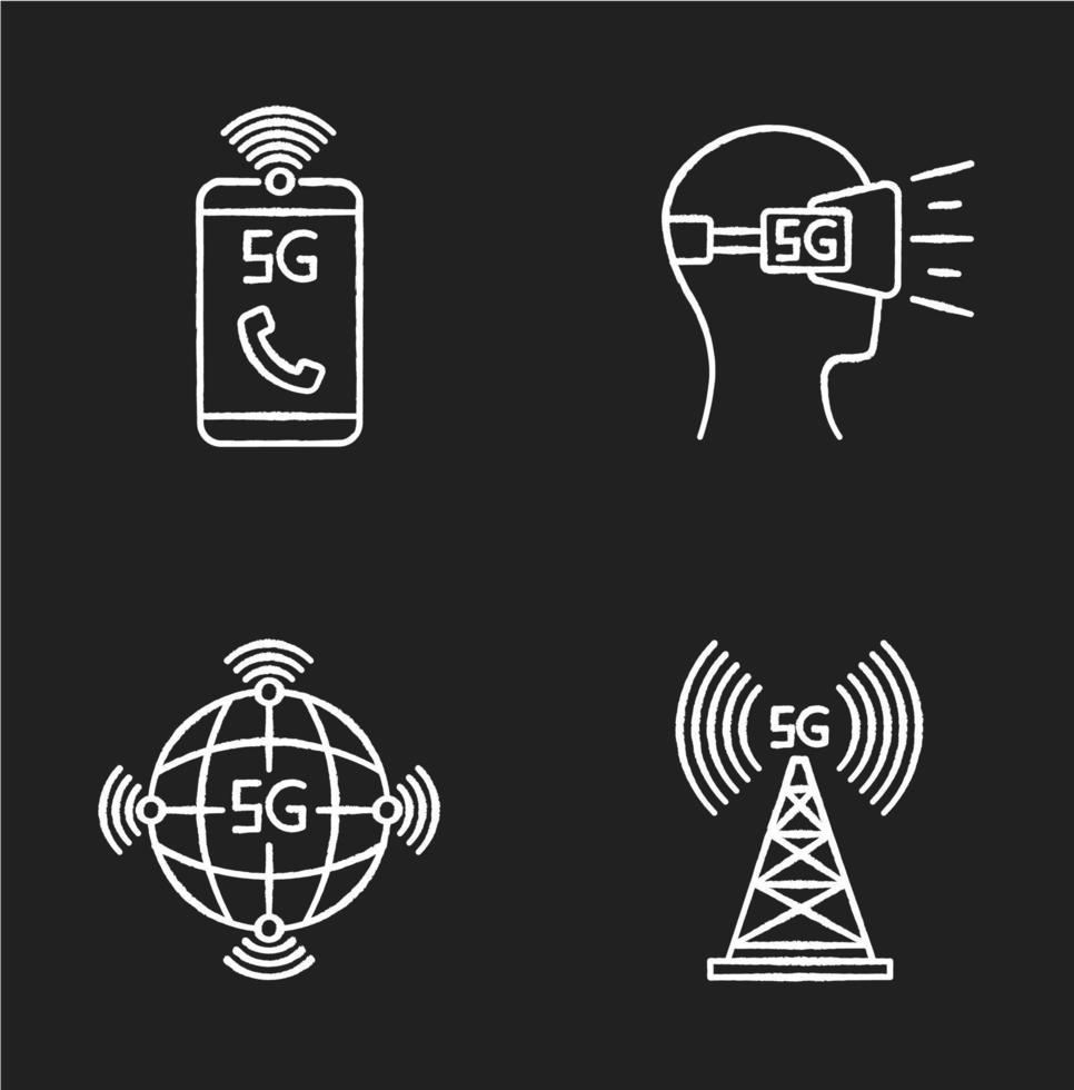 5g draadloze technologie krijt witte pictogrammen ingesteld op zwarte achtergrond vector