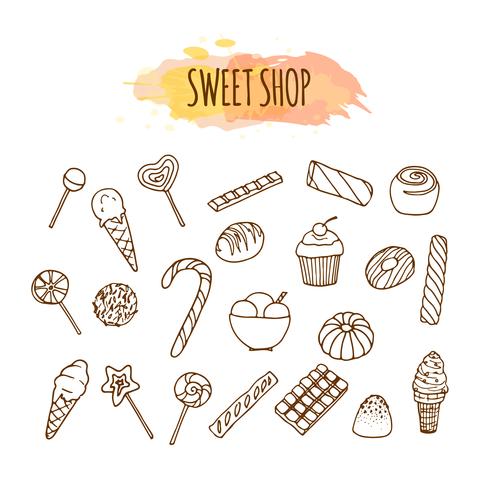 Candy winkel elementen. Snoepjes en snoepjes schets. Gebak illustratie. vector