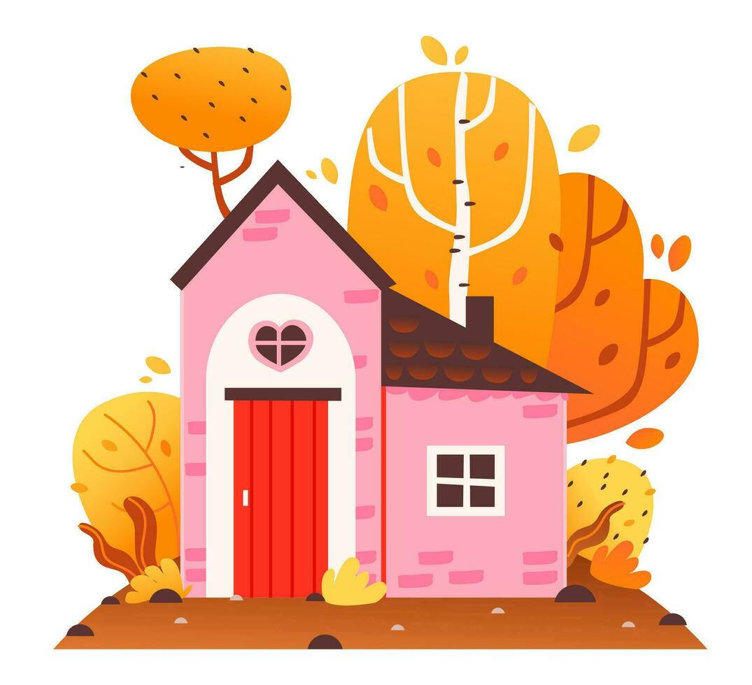 knus huis Aan de achtergrond van een herfst landschap. tekenfilm vector illustratie.