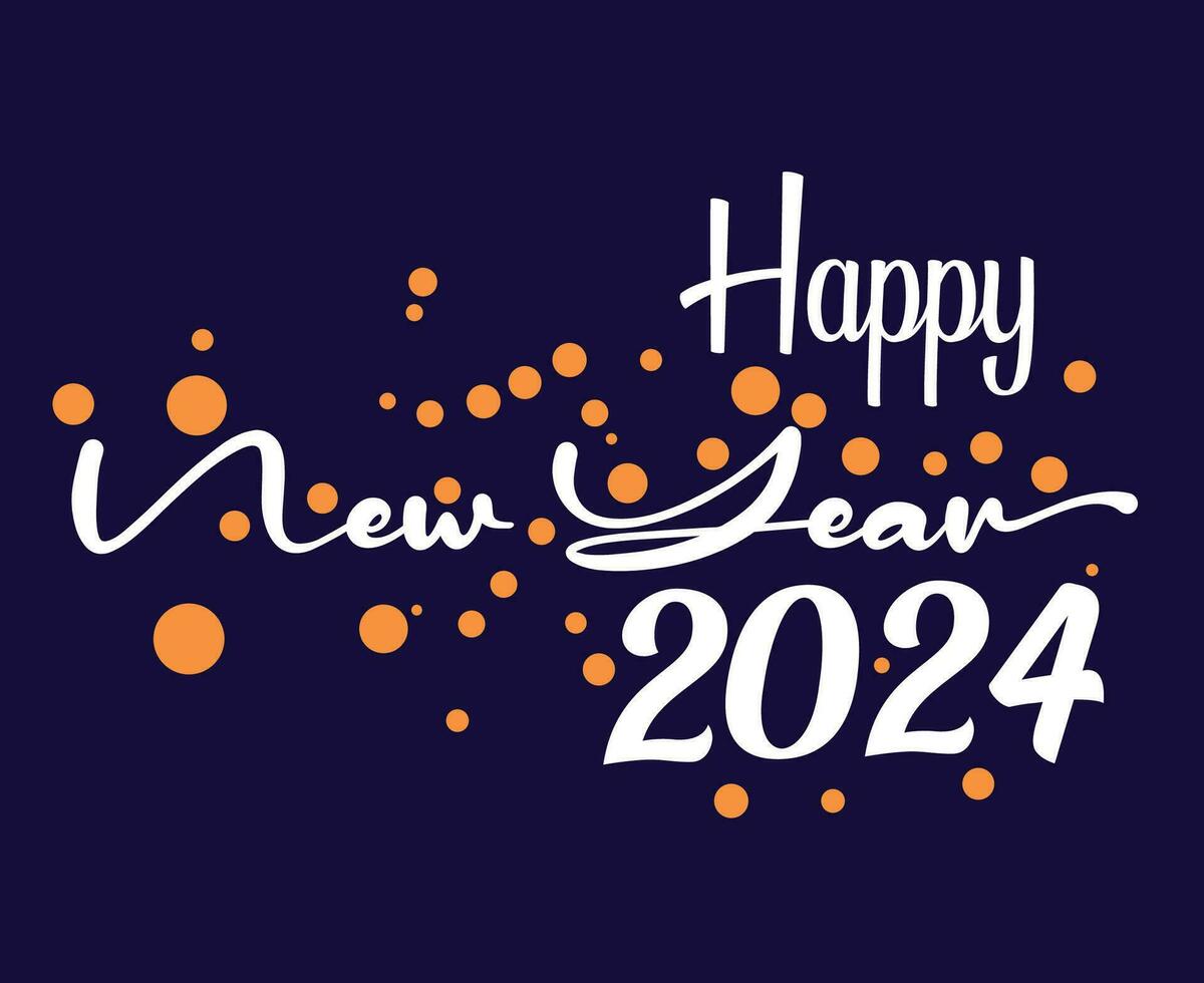 gelukkig nieuw jaar 2024 abstract wit en oranje logo symbool ontwerp vector illustratie met blauw achtergrond