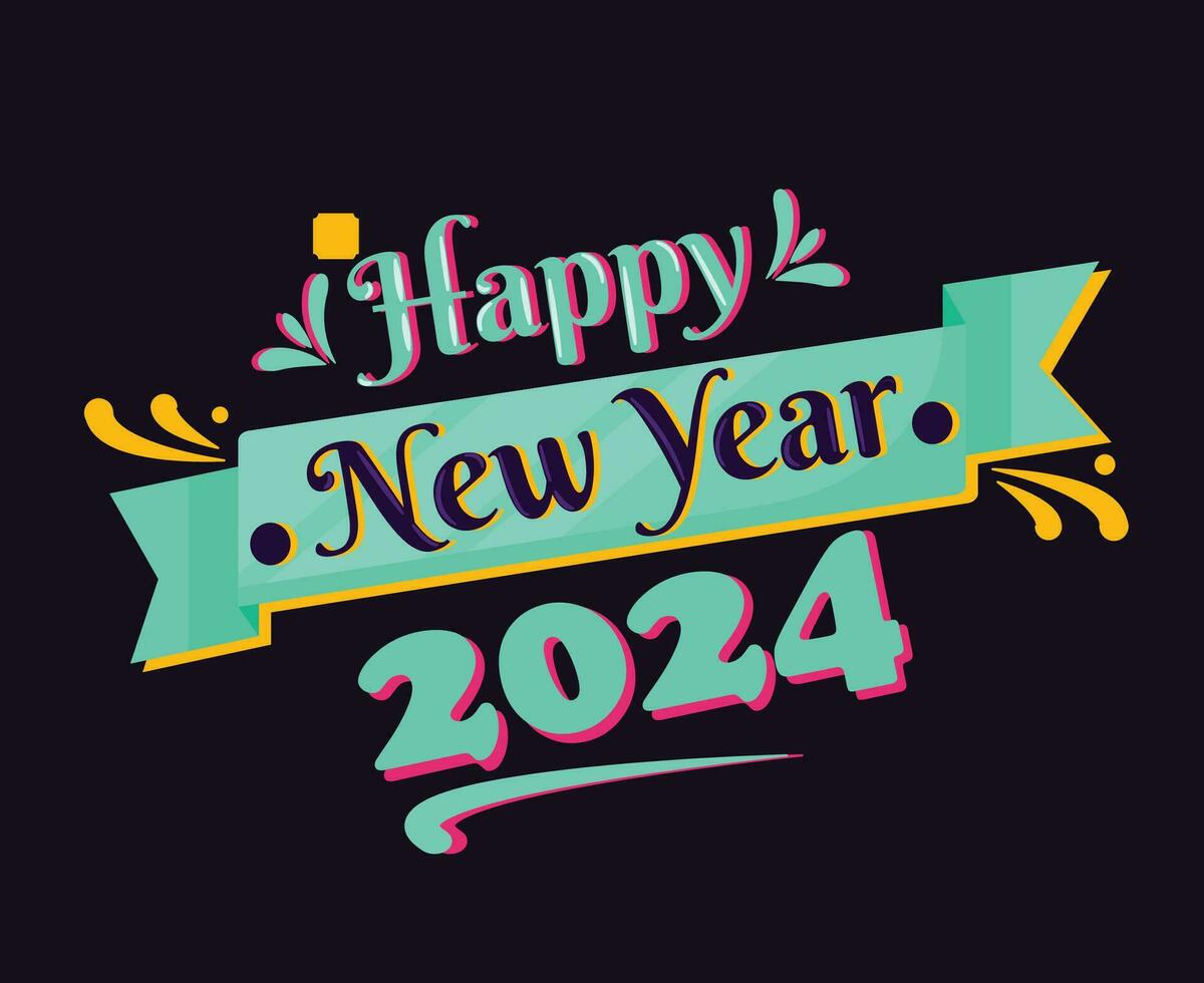 gelukkig nieuw jaar 2024 abstract cyaan logo symbool ontwerp vector illustratie met zwart achtergrond