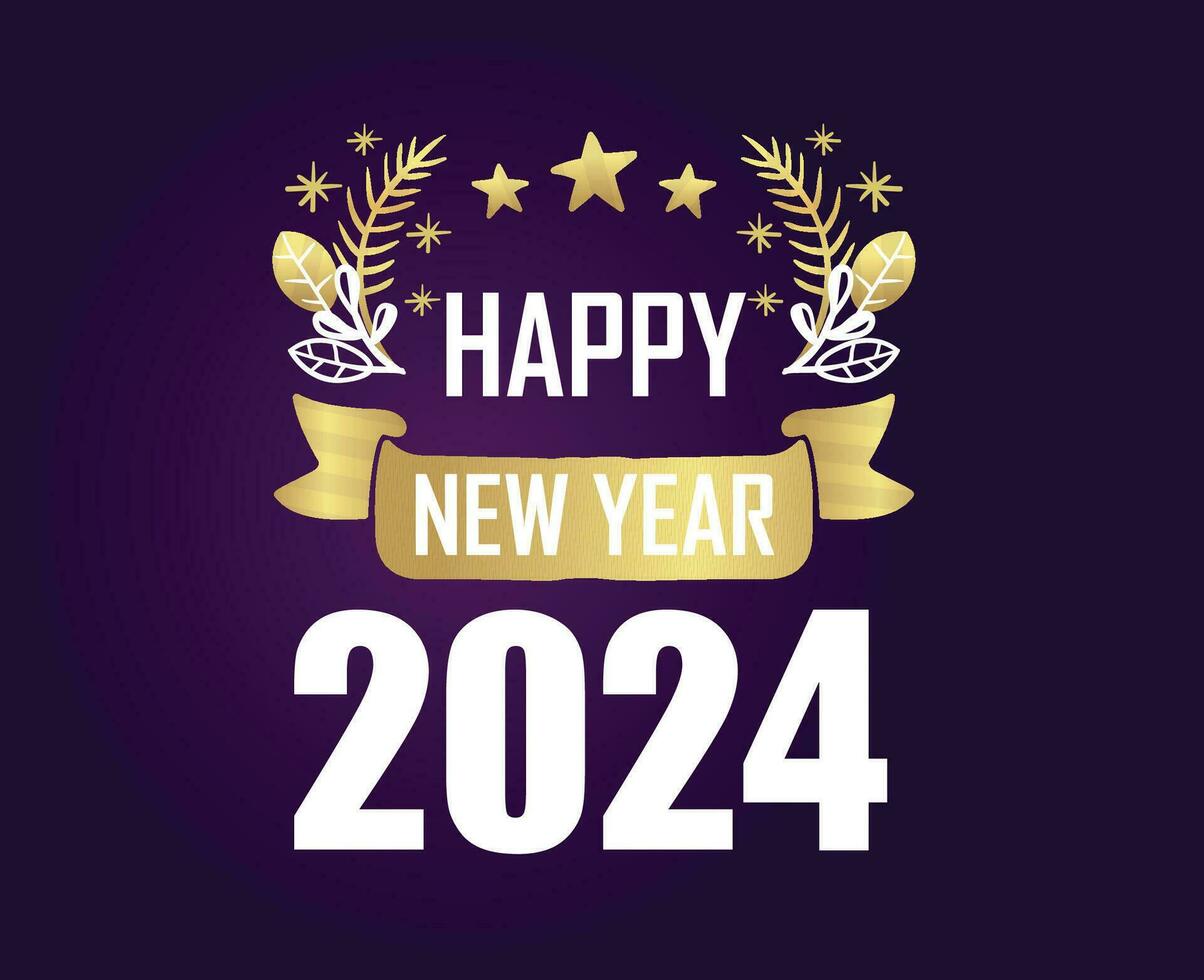 gelukkig nieuw jaar 2024 abstract goud en wit logo symbool ontwerp vector illustratie met Purper helling achtergrond