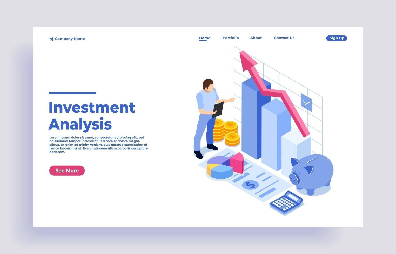 isometrisch investeringsbedrijfsanalyseconcept met karakter vector