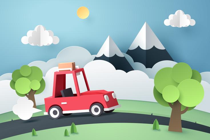 Rode auto landweg dichtbij berg, origami en reisconcept vector