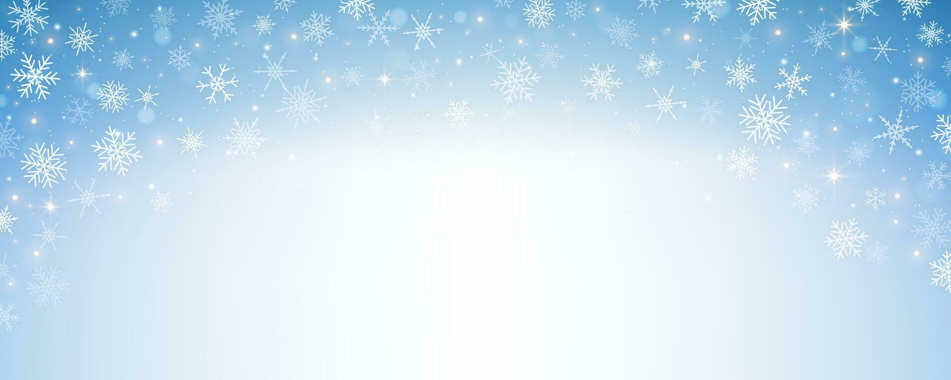 pastel winter lucht met sneeuwvlokken. blauw licht kleur verloop. fantasie zacht wazig behang. vector Kerstmis landschap.