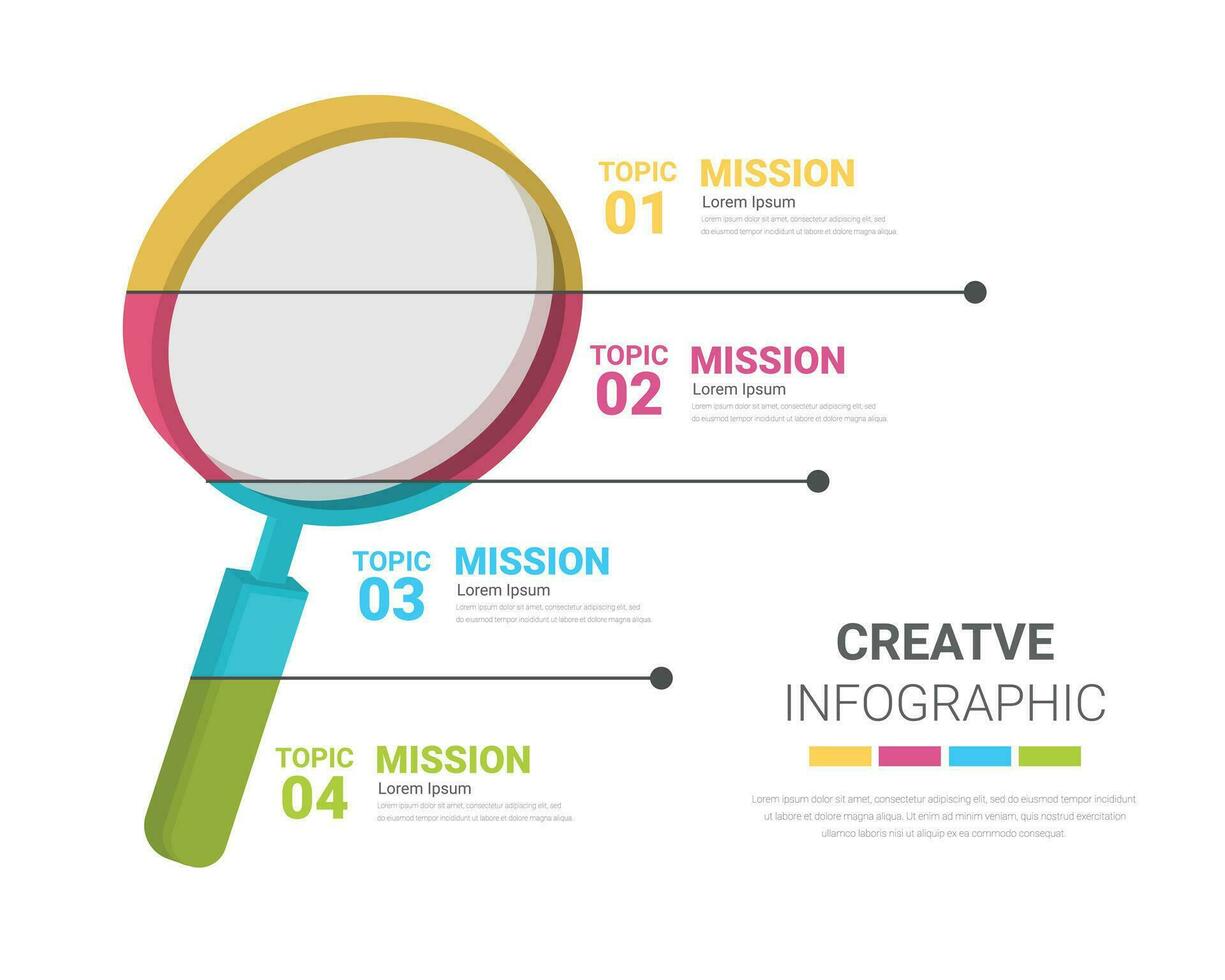 modern infographics opties banier met kleurrijk vergroten glas met4 stappen. kan worden gebruikt voor workflow lay-out, werkwijze diagram, stromen grafiek. vector