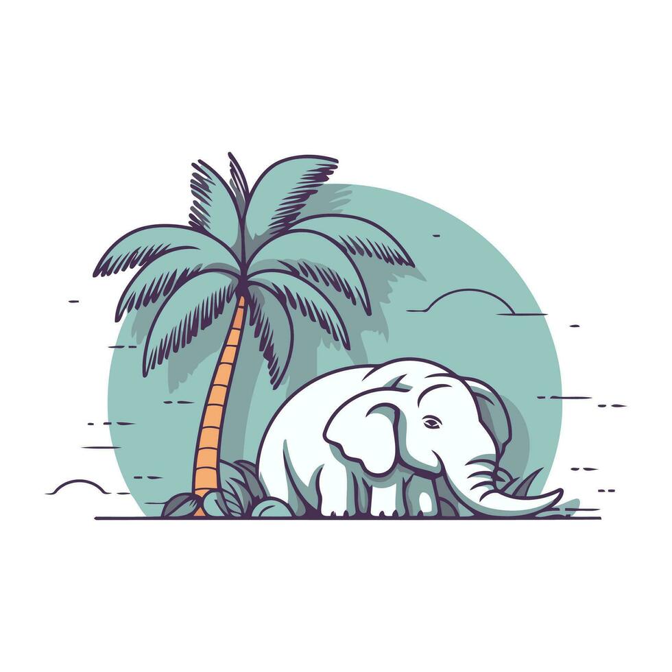 olifant Aan de strand met palm boom. vector illustratie in vlak stijl