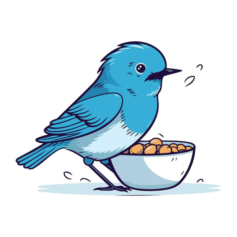 blauw vogel met een kom van droog kikkererwten. vector illustratie.