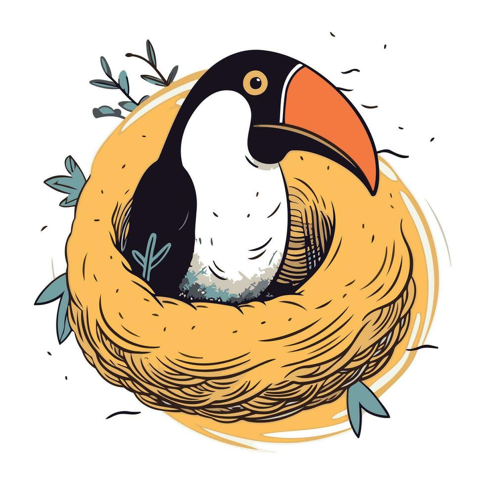 toekan vogel in de nest. hand- getrokken vector illustratie.